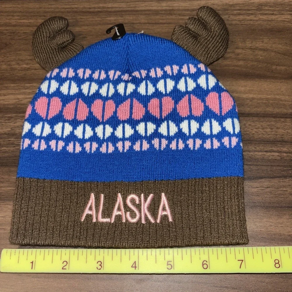 New Alaska Youth Winter Moose Ears Beanie Hat Toboggan Blue Brown Embroidered